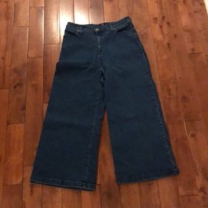 Iris Denim “Edge of Seventeen” wide-leg, high-waisted jeans.